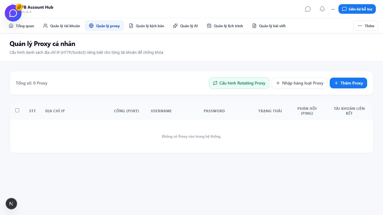 Màn hình quản lý proxy trong FB Auto