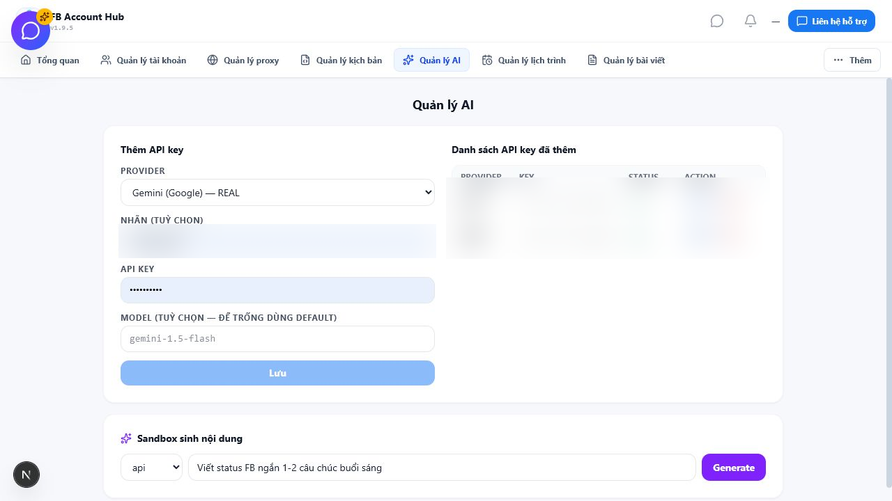 Khu vực quản lý AI và tác vụ trong FB Auto