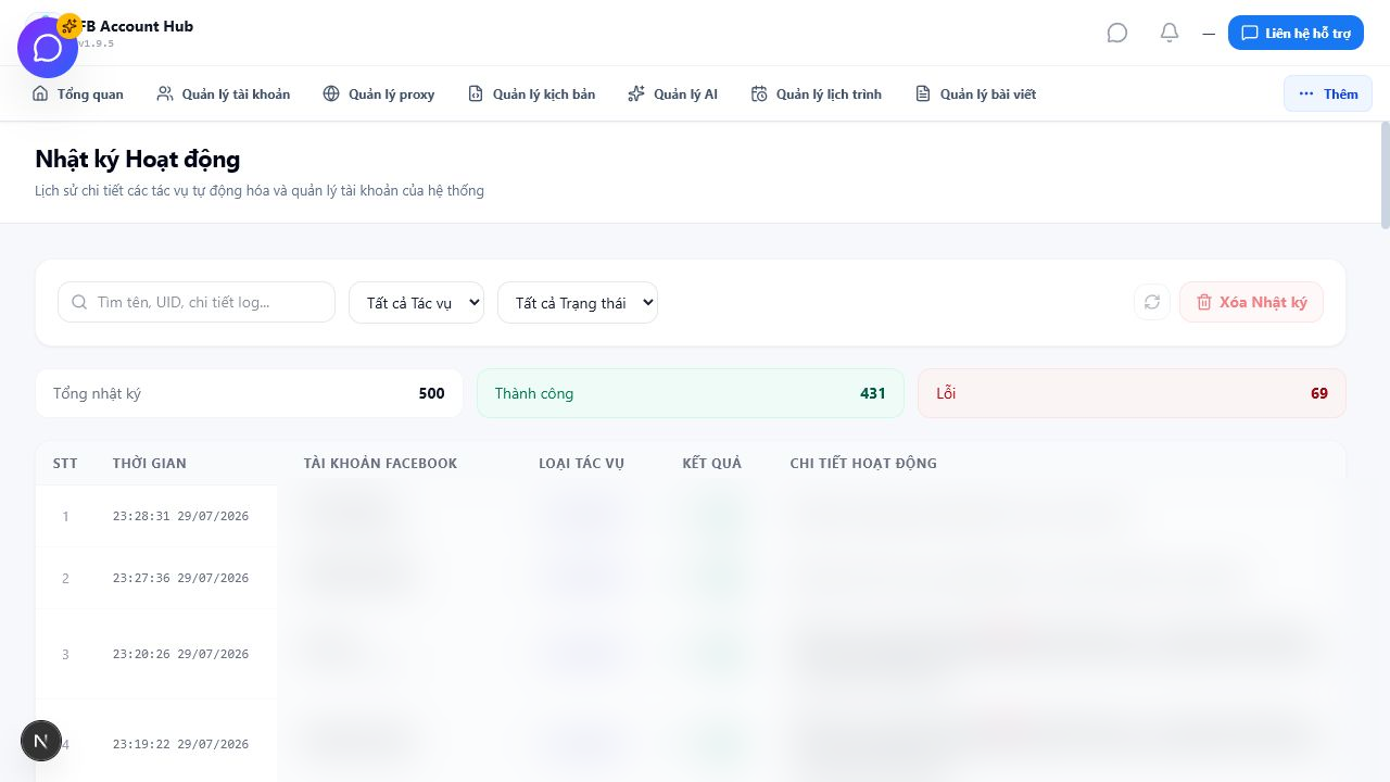 Nhật ký hoạt động của các tác vụ Facebook