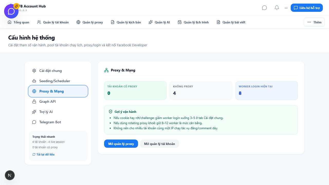 Cài đặt proxy và mạng trong FB Auto
